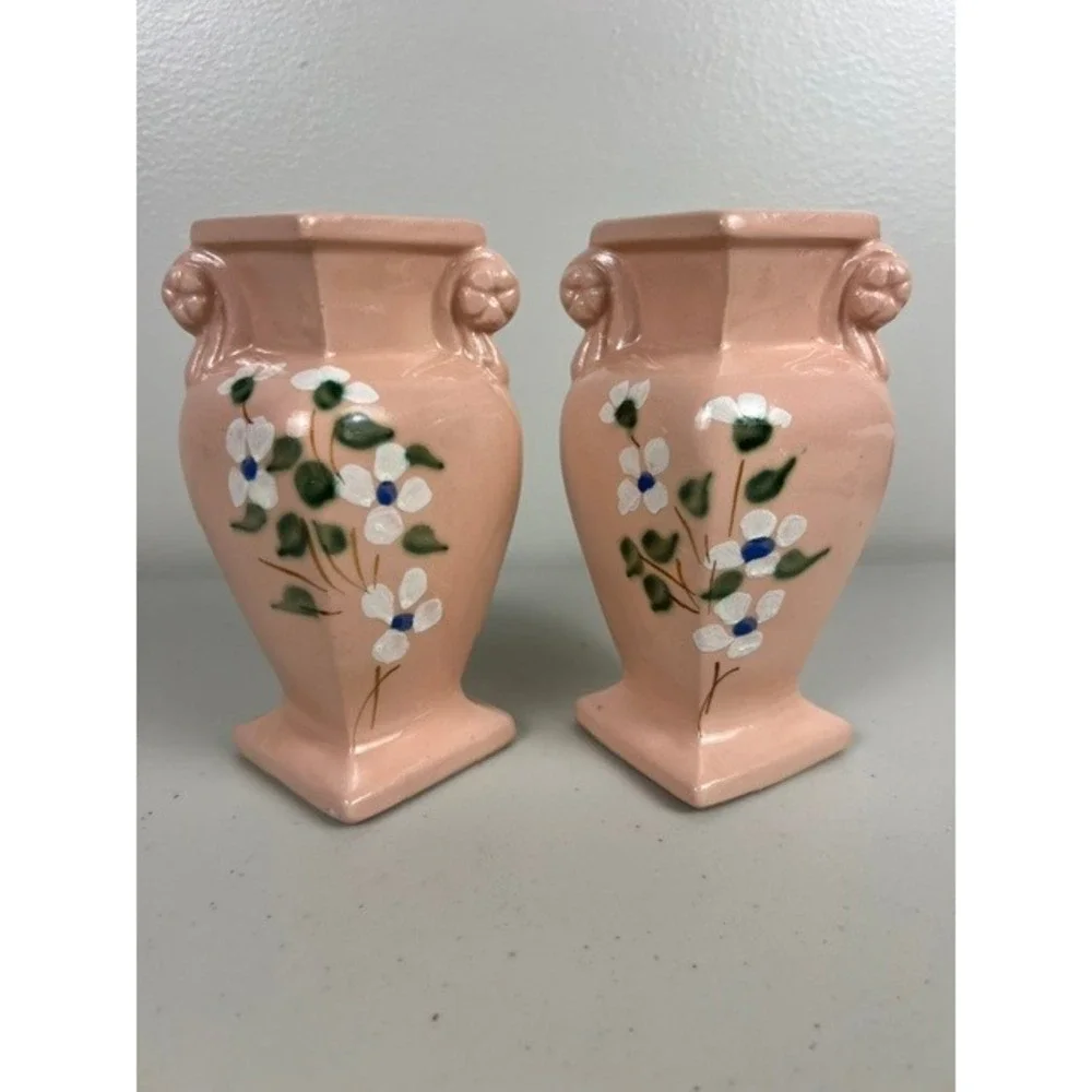 Vintage RRP Co Roseville Ohio Pink Dogwood Floral Miniature Urn Vases Set of 2